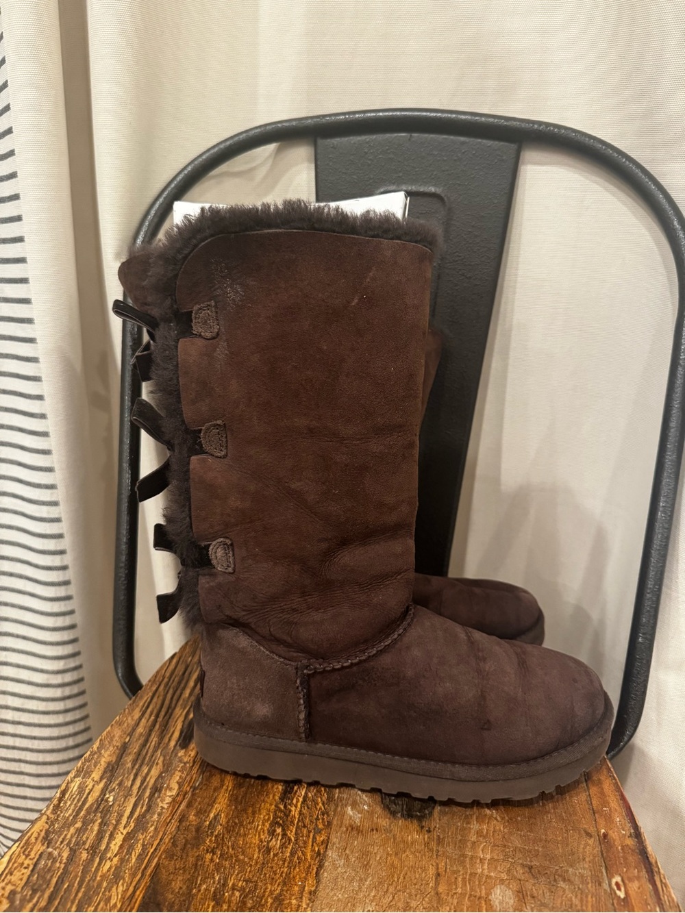 UGG Bailey Bow Tall Boots Women’s 7 Brown Suede Sheepskin Triple Bow
